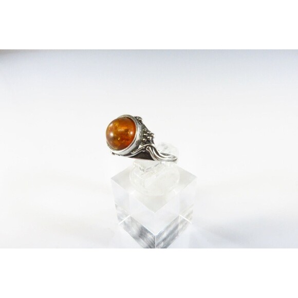 Petite Orange Round Amber Band Ring Pierced Sterling Setting Ball Line Accents S - Picture 4 of 6